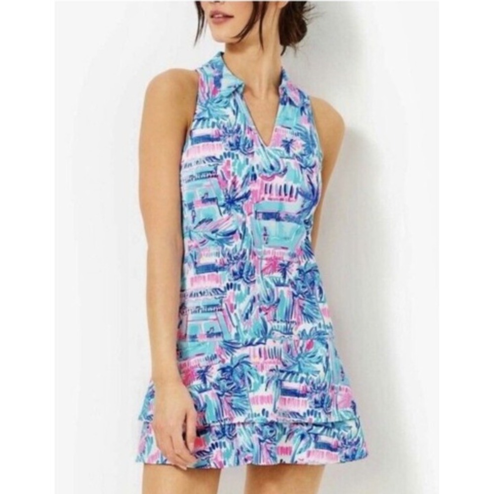 Lilly Pulitzer Luxletic sz L Sleeveless Tennis Golf Dress Tropical Ruffle‎ Hem